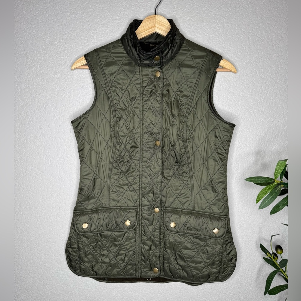 Barbour Olive Quilted Gilet Vest Fleece Lined Size US‎ 4 UK 8 Country Equestrian